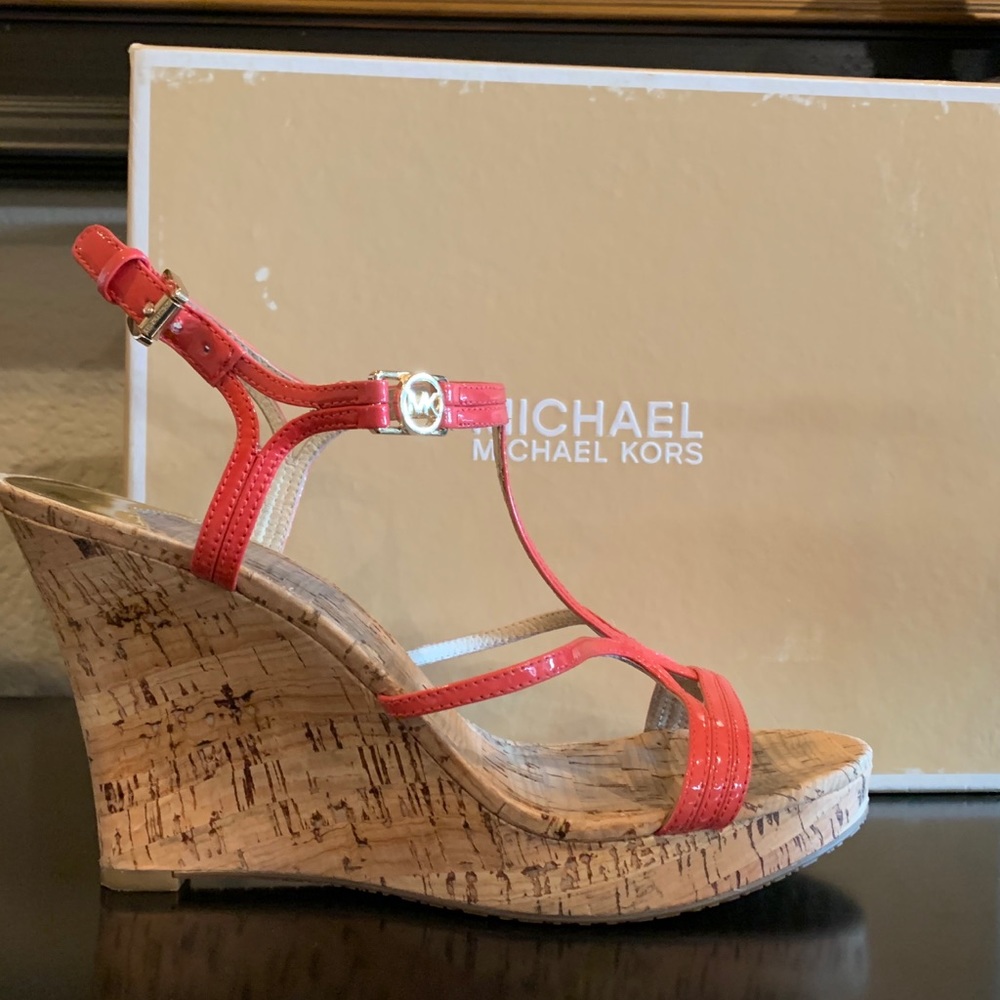 MICHAEL Michael Kors Coral Patent Leather Cork Wedge Sandals